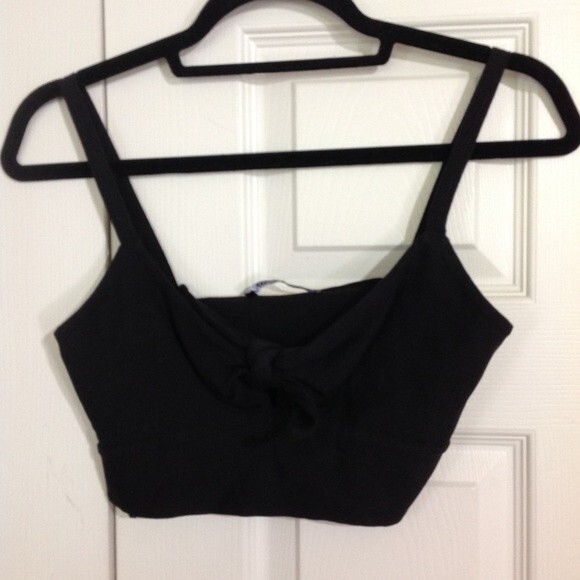 ZARA Size Medium Black Crop Top Bralette Knot Front Keyhole Stretch Layered - Picture 1 of 5